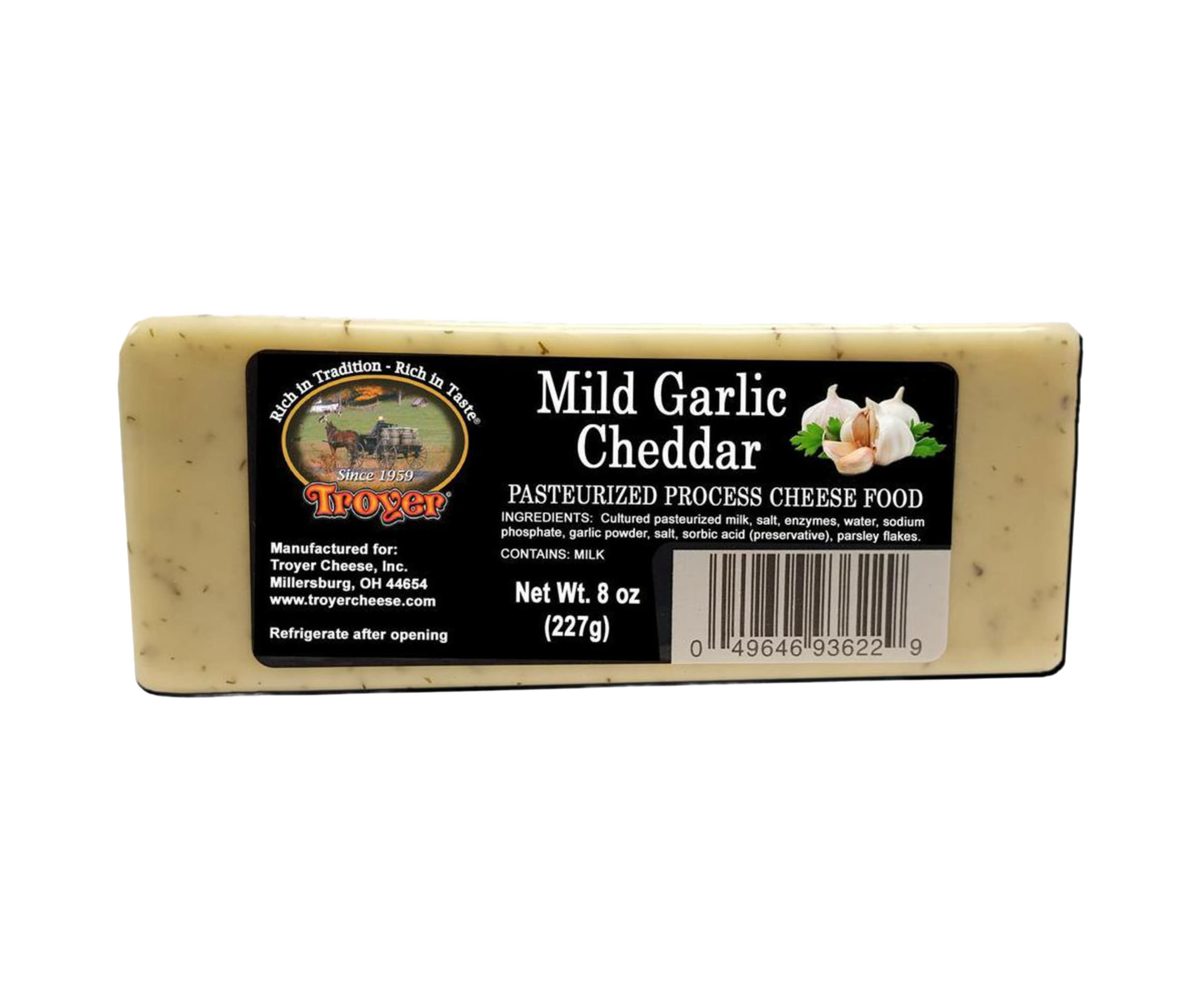 Handcrafted mild garlic cheddar pasteurized cheese food block, shelf-stable and unsliced, made in USA, ideal for Kitchen & Food, Snacks and Sweets, Pantry, USA Made, Best Sellers, Promo Eligible collections.