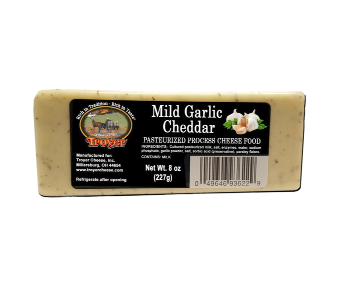 Handcrafted mild garlic cheddar pasteurized cheese food block, shelf-stable and unsliced, made in USA, ideal for Kitchen & Food, Snacks and Sweets, Pantry, USA Made, Best Sellers, Promo Eligible collections.