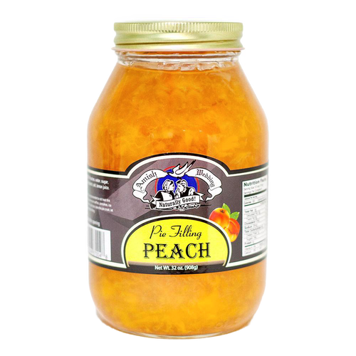 Handcrafted jar of Amish-made peach pie filling with natural fruit ingredients, free from corn syrup and artificial coloring, part of Kitchen & Food, Pantry, USA Made, and Best Sellers collections.