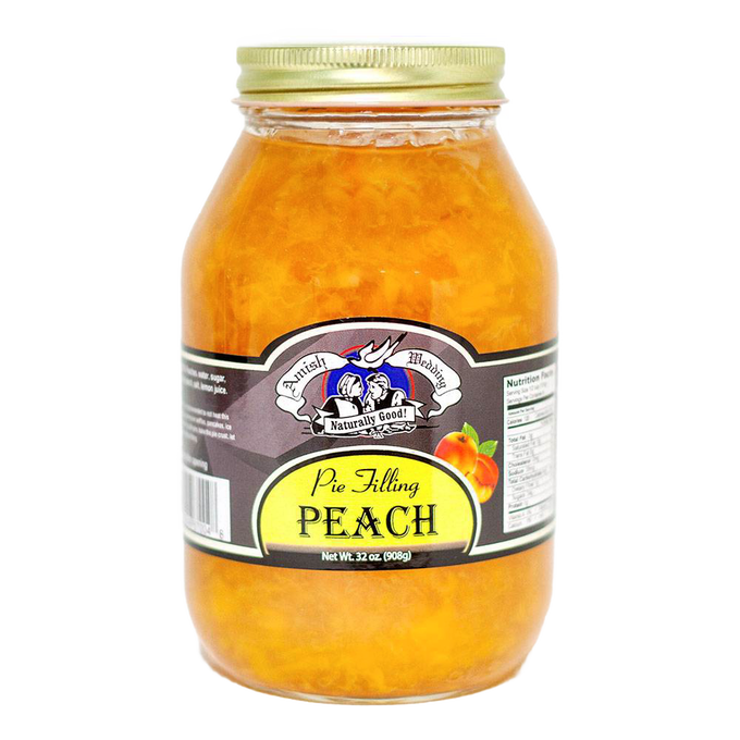 Handcrafted jar of Amish-made peach pie filling with natural fruit ingredients, free from corn syrup and artificial coloring, part of Kitchen & Food, Pantry, USA Made, and Best Sellers collections.