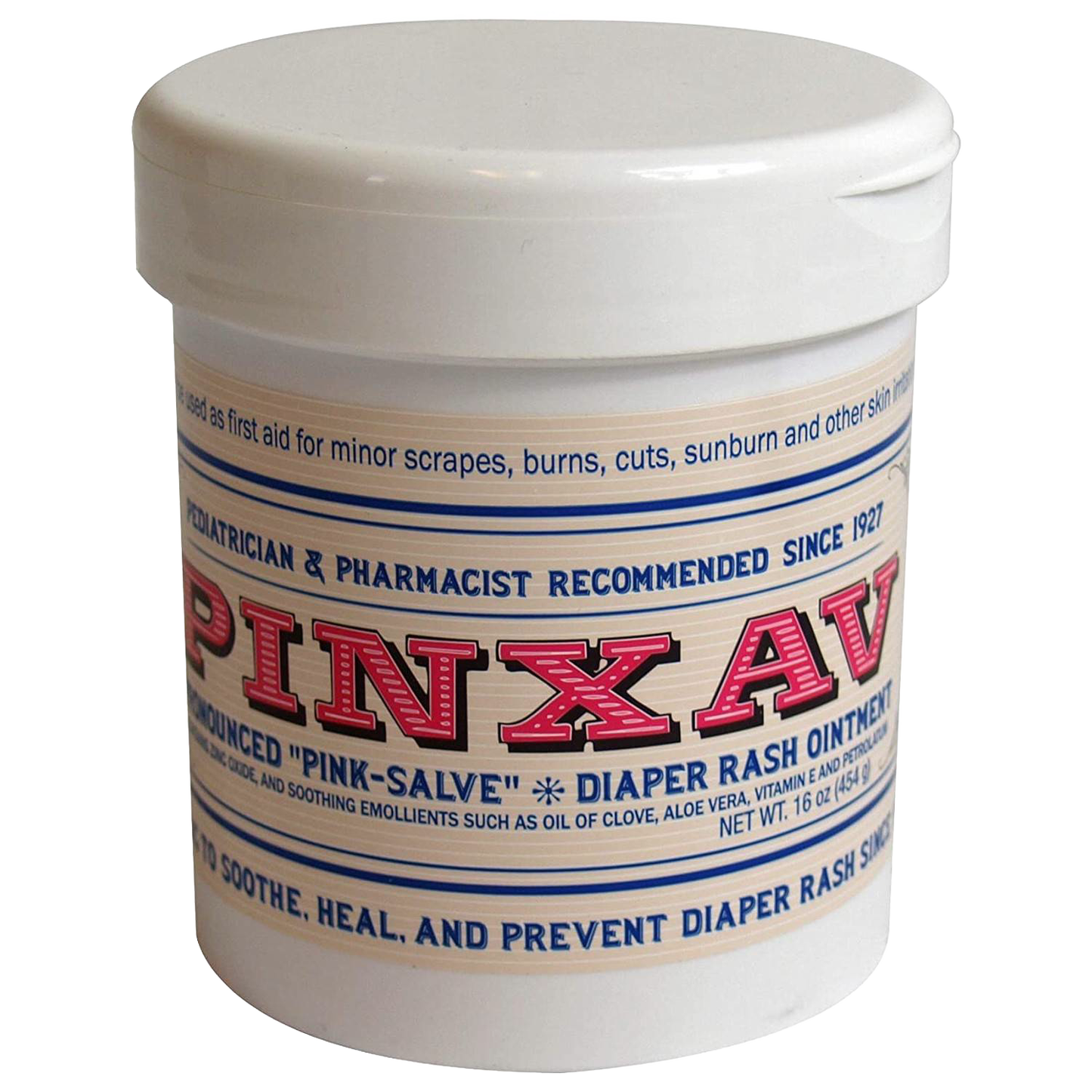White plastic jar of Pinxav diaper rash ointment with vintage-style red and blue lettering, designed for soothing and healing skin, featured in Health & Wellness and USA Made collections.