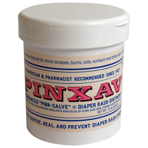 White plastic jar of Pinxav diaper rash ointment with vintage-style red and blue lettering, designed for soothing and healing skin, featured in Health & Wellness and USA Made collections.