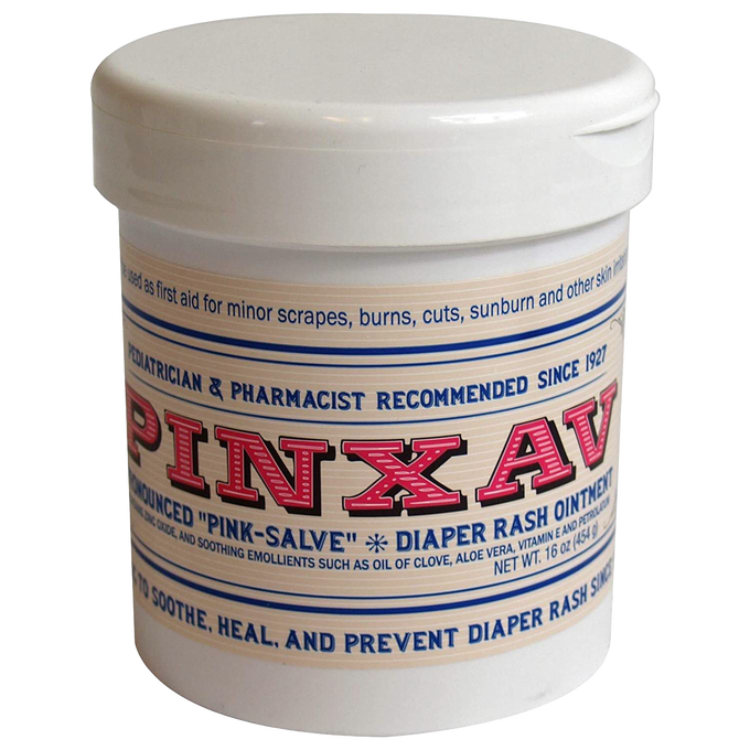 White plastic jar of Pinxav diaper rash ointment with vintage-style red and blue lettering, designed for soothing and healing skin, featured in Health & Wellness and USA Made collections.