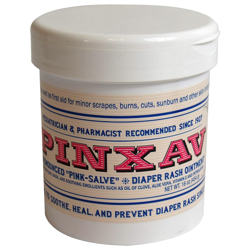 White plastic jar of Pinxav diaper rash ointment with vintage-style red and blue lettering, designed for soothing and healing skin, featured in Health & Wellness and USA Made collections.