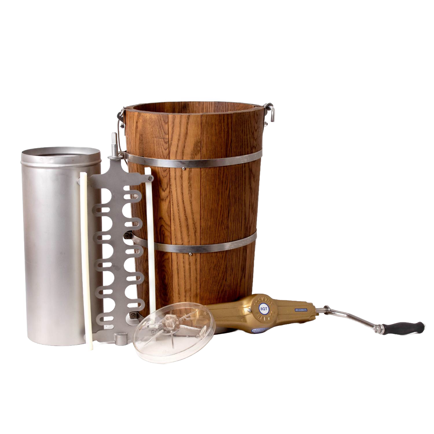 Handcrafted Amish made wooden ice cream freezer with metal bands, stainless steel inner container, and durable electric motor, ideal for Kitchen & Food, Specialty Equipment, and USA Made collections.