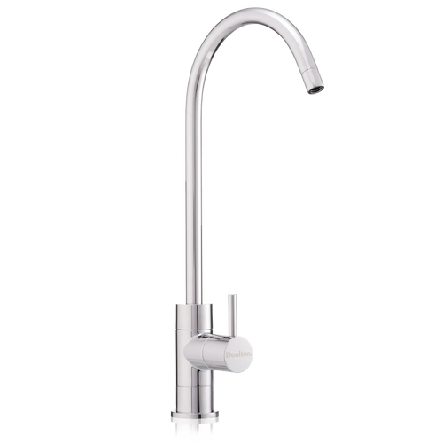 Sleek single-lever stainless steel pillar tap with tall curved spout, designed for easy filling and compatibility with under sink water filtration systems in kitchen and appliances collections.