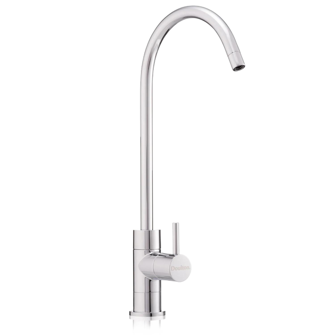 Sleek single-lever stainless steel pillar tap with tall curved spout, designed for easy filling and compatibility with under sink water filtration systems in kitchen and appliances collections.