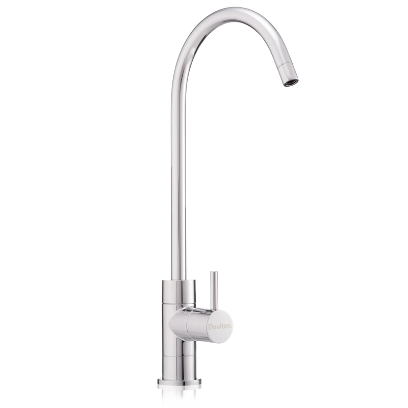 Sleek single-lever stainless steel pillar tap with tall curved spout, designed for easy filling and compatibility with under sink water filtration systems in kitchen and appliances collections.