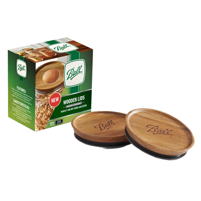 Set of two handcrafted acacia wood airtight lids engraved with Ball logo, designed for wide mouth jars, ideal for dry pantry storage and stylish organization in Kitchen & Food and Storage collections.