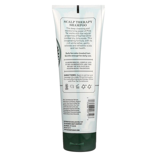 Tube of handcrafted scalp therapy shampoo featuring pine tar and tea tree oil formula, designed to alleviate dry, itchy scalp, suitable for color-treated hair, part of Health & Wellness and Grooming collections.