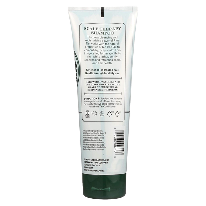 Tube of handcrafted scalp therapy shampoo featuring pine tar and tea tree oil formula, designed to alleviate dry, itchy scalp, suitable for color-treated hair, part of Health & Wellness and Grooming collections.