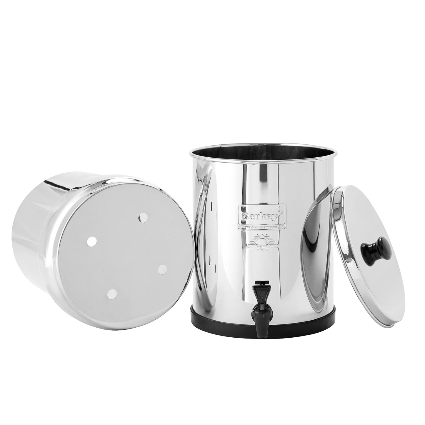 Compact polished stainless steel water filtration system with two chambers and black purification elements, featuring a spigot and lid, ideal for homesteading and home appliances collections.
