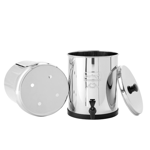 Compact polished stainless steel water filtration system with two chambers and black purification elements, featuring a spigot and lid, ideal for homesteading and home appliances collections.