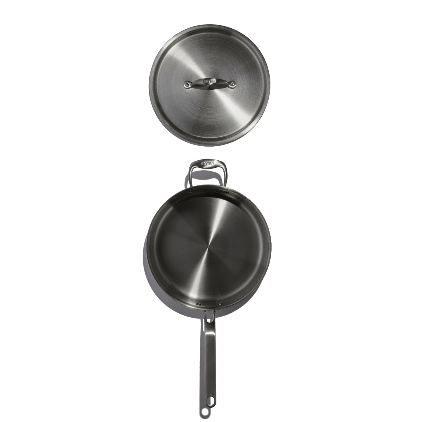 Top-down view of a handcrafted fully clad stainless steel saute pan with a matching lid, designed for durability in Kitchen & Food, Cookware, Pots and Pans, and Best Sellers collections.