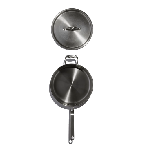 Top-down view of a handcrafted fully clad stainless steel saute pan with a matching lid, designed for durability in Kitchen & Food, Cookware, Pots and Pans, and Best Sellers collections.