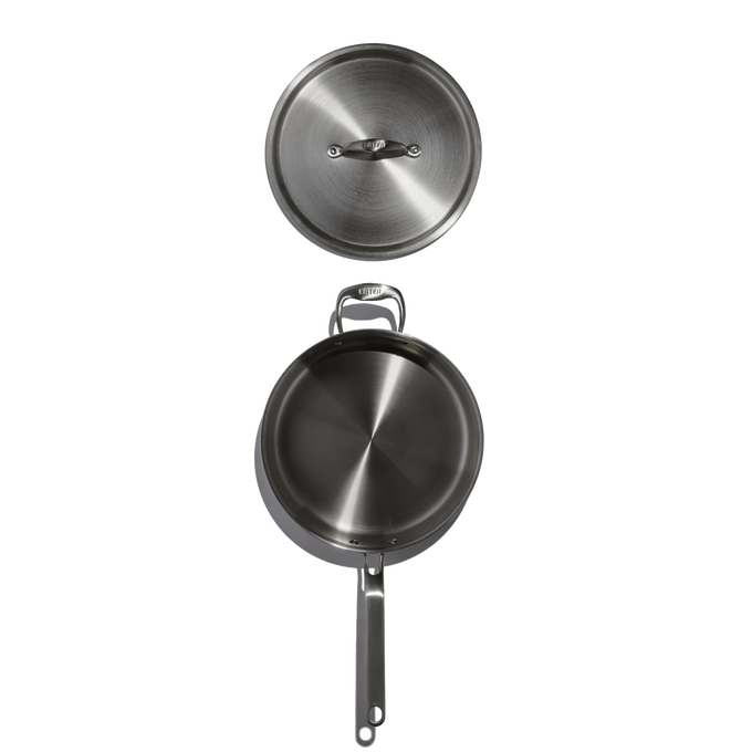 Top-down view of a handcrafted fully clad stainless steel saute pan with a matching lid, designed for durability in Kitchen & Food, Cookware, Pots and Pans, and Best Sellers collections.