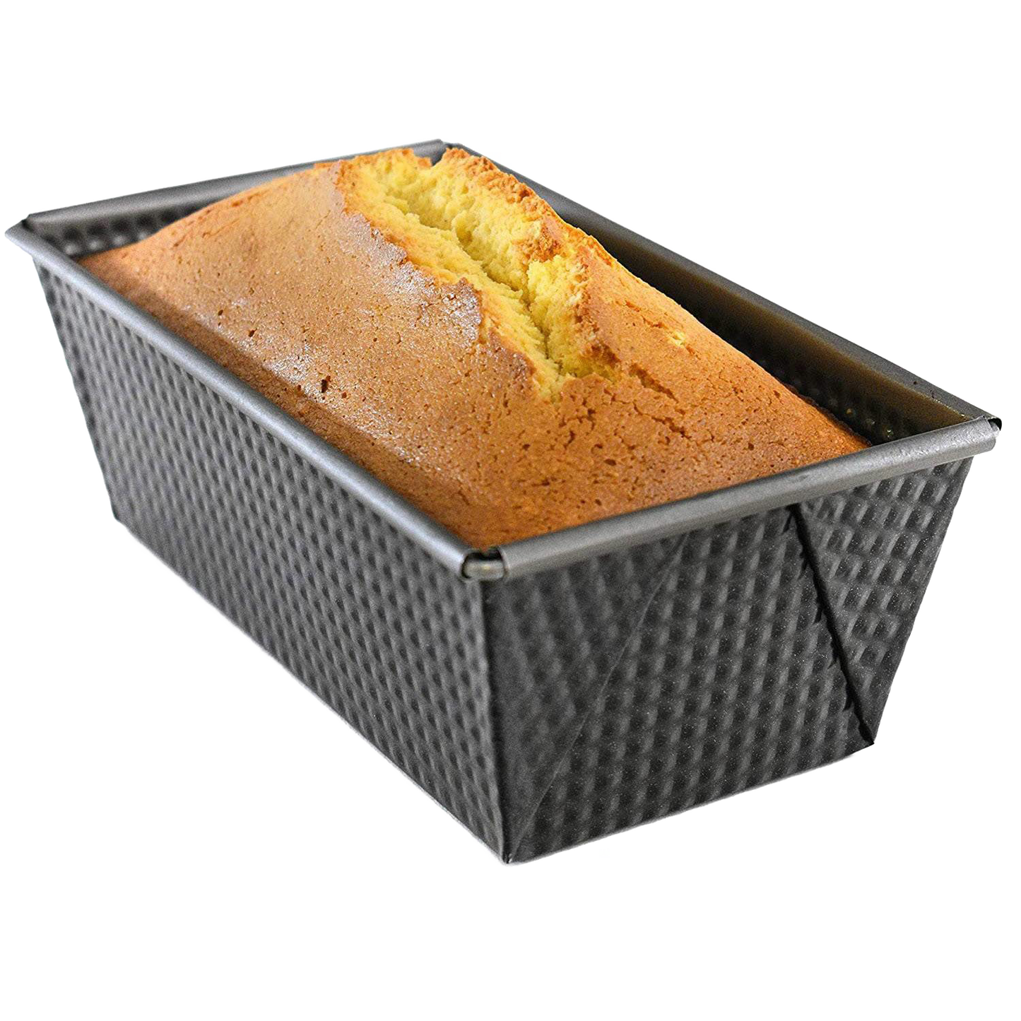 Non-stick heavy gauge steel loaf pan with corrugated sides and folded corners, holding a freshly baked golden bread loaf, ideal for Kitchen & Food, Baking Supplies, and Best Sellers collections.