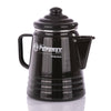 Glossy black enameled steel coffee percolator with a sturdy handle and spout, suitable for brewing coffee or tea, featured in Farm, Garden & Tool, Camping, and Kitchen & Food collections.