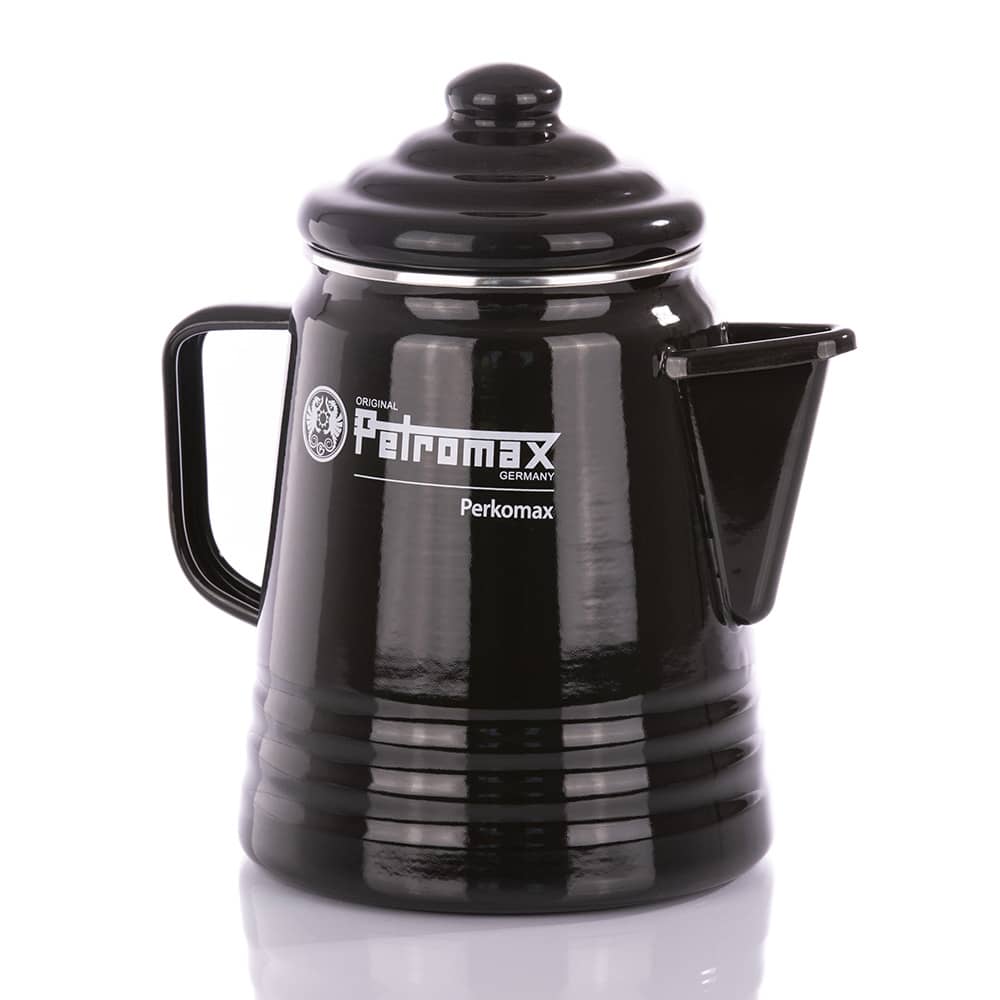 Glossy black enameled steel coffee percolator with a sturdy handle and spout, suitable for brewing coffee or tea, featured in Farm, Garden & Tool, Camping, and Kitchen & Food collections.
