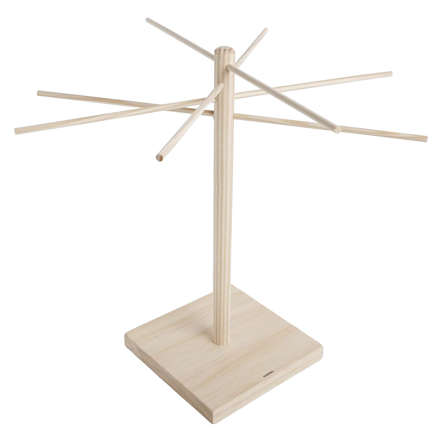 Handcrafted wooden drying rack with eight angled arms made from eco-friendly rubberwood, designed for drying homemade pasta, ideal for Kitchen & Food and Drying collections.
