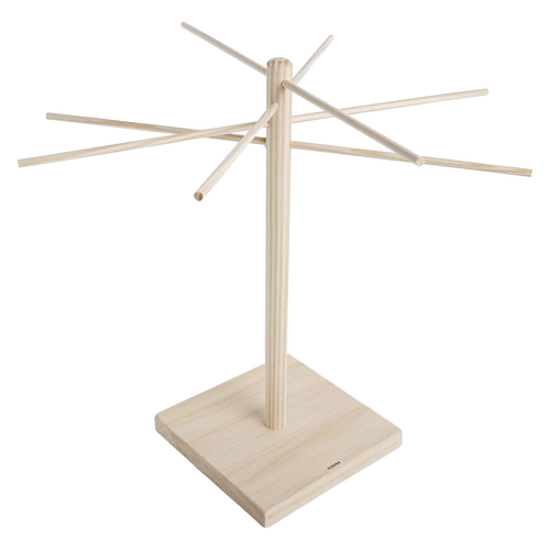 Handcrafted wooden drying rack with eight angled arms made from eco-friendly rubberwood, designed for drying homemade pasta, ideal for Kitchen & Food and Drying collections.