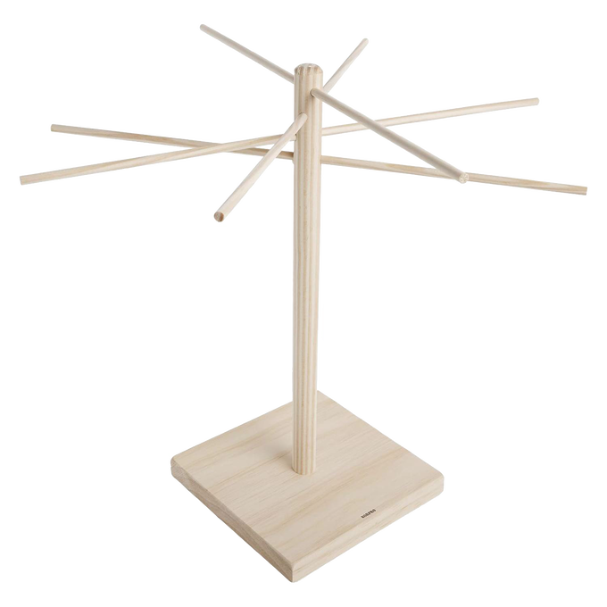 Handcrafted wooden drying rack with eight angled arms made from eco-friendly rubberwood, designed for drying homemade pasta, ideal for Kitchen & Food and Drying collections.