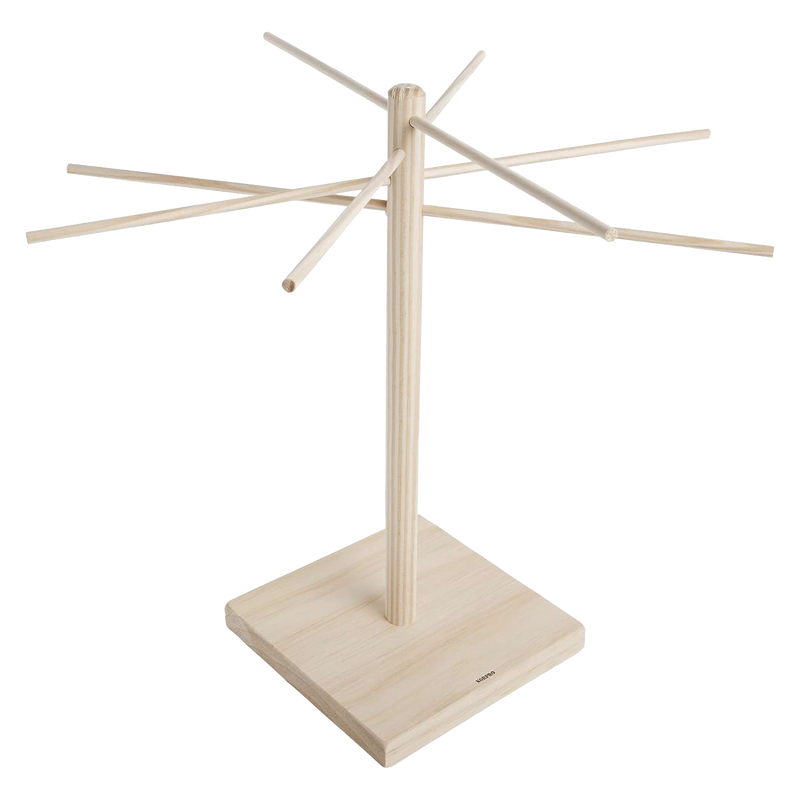 Handcrafted wooden drying rack with eight angled arms made from eco-friendly rubberwood, designed for drying homemade pasta, ideal for Kitchen & Food and Drying collections.