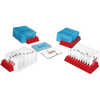 Set of four red plastic card racks holding numbered game cards in numerical sequence with a stack of blue cards and instruction cards, a handcrafted classic family game in Toys, Books & Games collections.