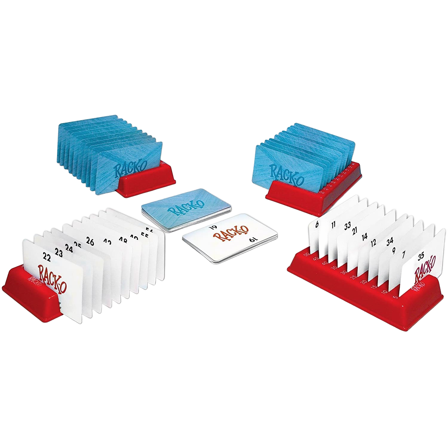 Set of four red plastic card racks holding numbered game cards in numerical sequence with a stack of blue cards and instruction cards, a handcrafted classic family game in Toys, Books & Games collections.