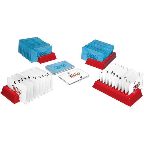 Set of four red plastic card racks holding numbered game cards in numerical sequence with a stack of blue cards and instruction cards, a handcrafted classic family game in Toys, Books & Games collections.