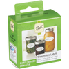 Green box of water-soluble labels for canning jars featuring images of jars labeled with neat handwriting, designed for Kitchen & Food, Food Preservation, Canning, USA Made, and Best Sellers collections.