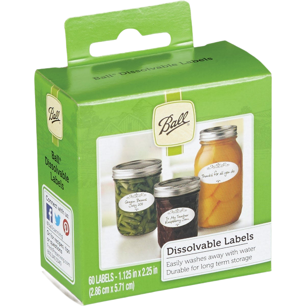 Green box of water-soluble labels for canning jars featuring images of jars labeled with neat handwriting, designed for Kitchen & Food, Food Preservation, Canning, USA Made, and Best Sellers collections.