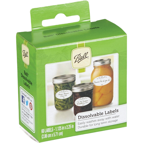 Green box of water-soluble labels for canning jars featuring images of jars labeled with neat handwriting, designed for Kitchen & Food, Food Preservation, Canning, USA Made, and Best Sellers collections.