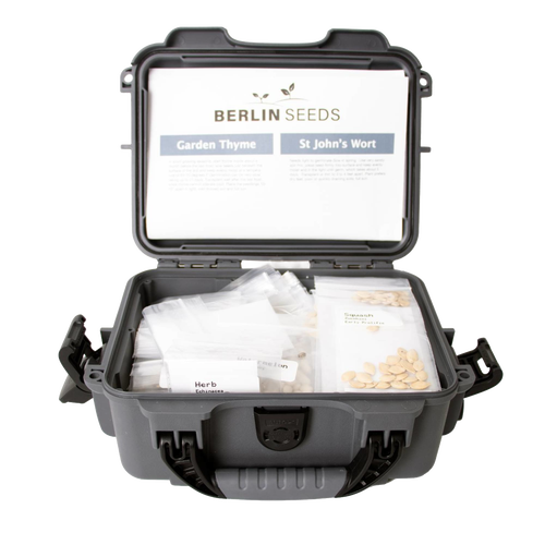 Sturdy waterproof case containing organized heirloom seed packets labeled with garden thyme and St. John’s wort, designed for Farm, Garden & Tool and Seeds and Planting collections.