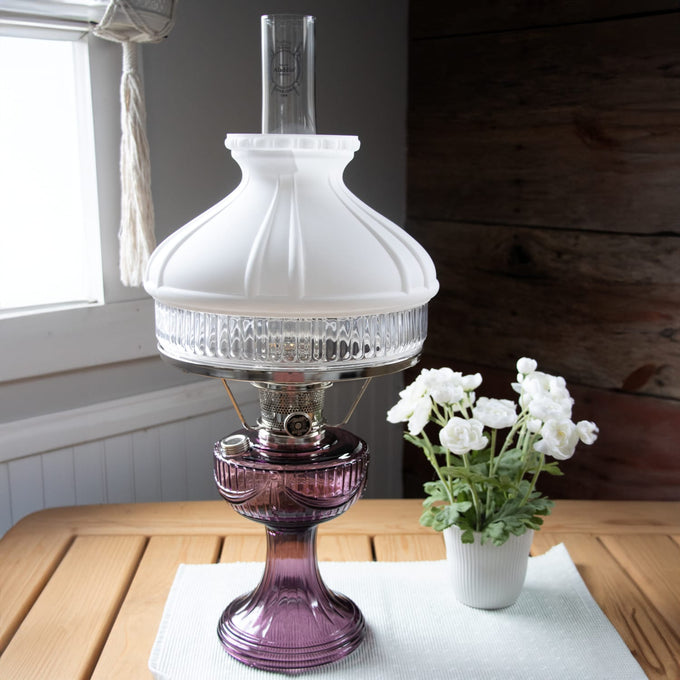 Handcrafted oil lamp with amethyst base and frosted white top shade, designed for Farm, Garden & Tool, Lamps & Lighting, Emergency Supplies, Oil Lamps, and Table Lamps collections.