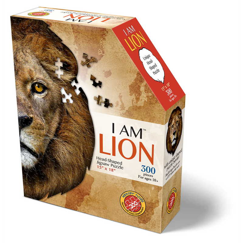 Box of a handcrafted lion-shaped jigsaw puzzle with 300 pieces, featuring lion face artwork and educational fun facts, part of Toys, Books & Games and Children's Toys collections.