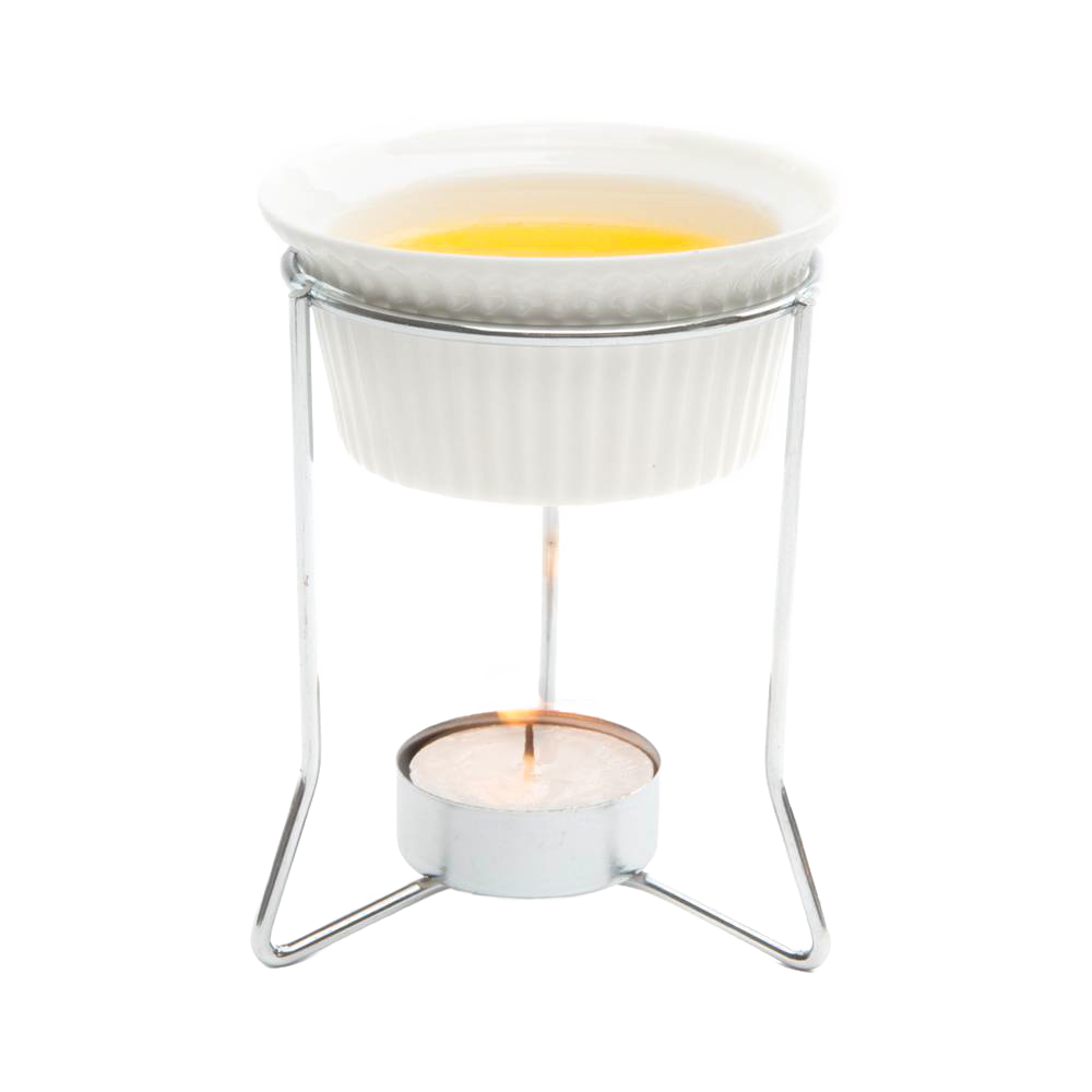 Ceramic butter warmer held on a metal stand with a lit tealight below, designed for gentle heating of butter and delicate sauces, featured in Kitchen & Food and Storage collections.