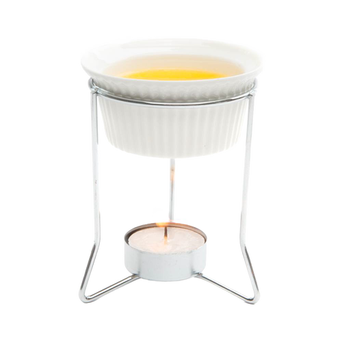 Ceramic butter warmer held on a metal stand with a lit tealight below, designed for gentle heating of butter and delicate sauces, featured in Kitchen & Food and Storage collections.