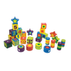 Colorful handcrafted wooden beads in various shapes including cubes, cylinders, and stars, designed for indoor play and fine motor skill development in children's toy collections.