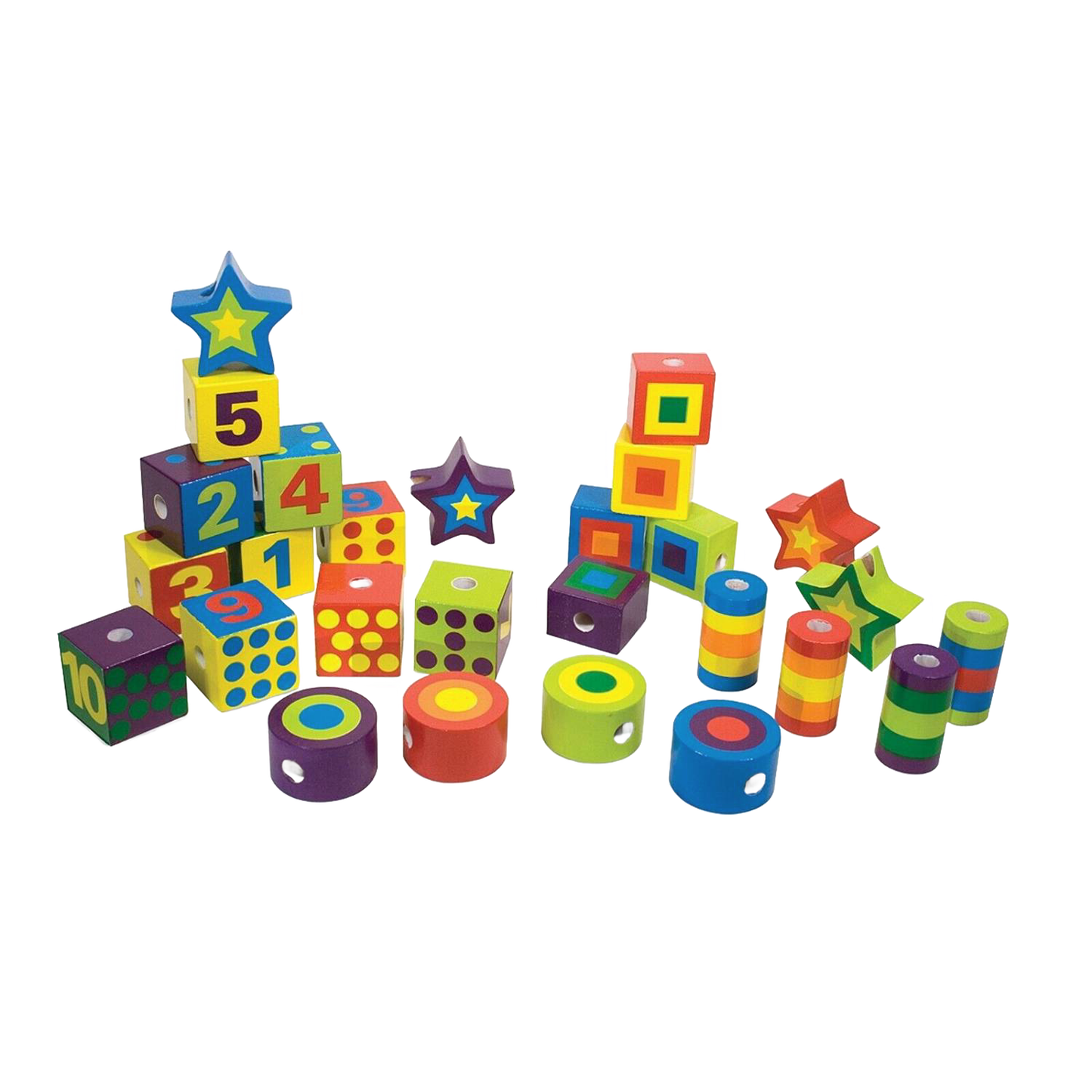 Colorful handcrafted wooden beads in various shapes including cubes, cylinders, and stars, designed for indoor play and fine motor skill development in children's toy collections.