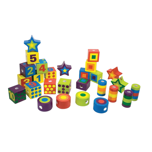 Colorful handcrafted wooden beads in various shapes including cubes, cylinders, and stars, designed for indoor play and fine motor skill development in children's toy collections.
