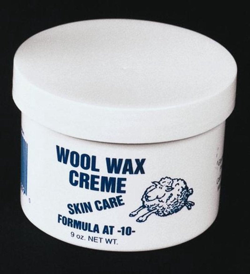 White 9 oz tub of wool wax creme skin care product with simple blue text and a sheep illustration, featured in Health & Wellness, Balms, Creams and Lotions, USA Made, Best Sellers, and Promo Eligible collections.