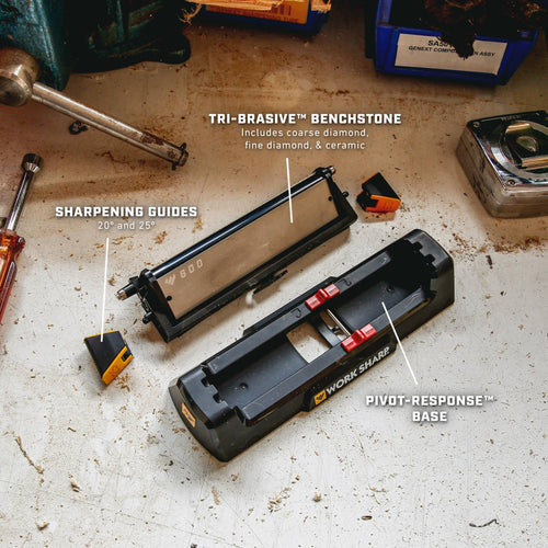 Work Sharp benchtop knife sharpener with a pivot-response base, tri-abrasive benchstone including coarse, fine diamond and ceramic surfaces, and angle-guided sharpening guides, suitable for Farm, Garden & Tool, Kitchen & Food, and Sharpening collections.