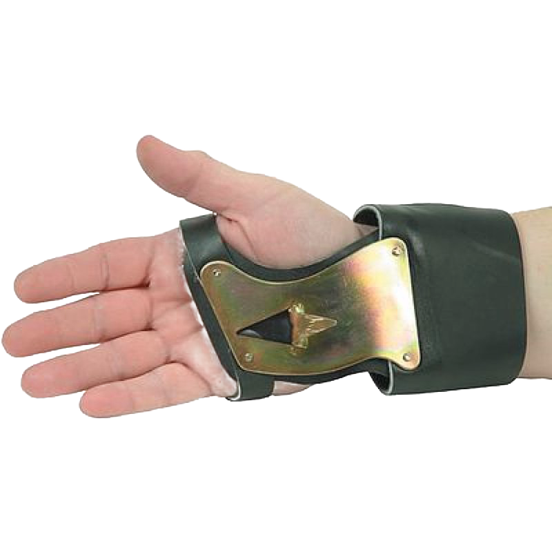 Close-up of hand wearing a comfortable leather palm pad and sturdy double wrist strap with a strong galvanized steel single hook, part of Farm, Garden & Tool, Farm Tools, USA Made, and Best Sellers collections.