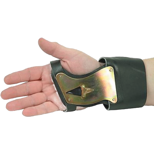Close-up of hand wearing a comfortable leather palm pad and sturdy double wrist strap with a strong galvanized steel single hook, part of Farm, Garden & Tool, Farm Tools, USA Made, and Best Sellers collections.