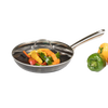 Handcrafted nitrogen hardened cast iron skillet with smooth stainless steel handle and clear lid, shown with sliced bell peppers, featured in Kitchen & Food, Cookware, and Cast Iron collections.