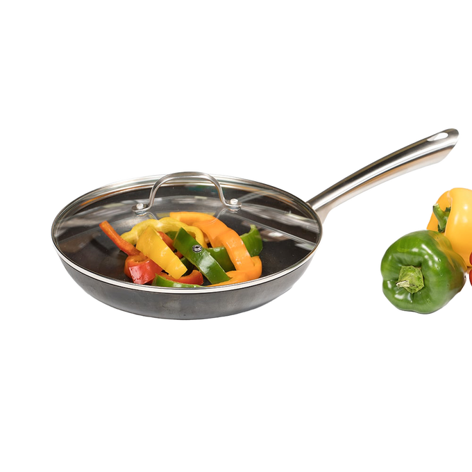Handcrafted nitrogen hardened cast iron skillet with smooth stainless steel handle and clear lid, shown with sliced bell peppers, featured in Kitchen & Food, Cookware, and Cast Iron collections.