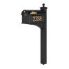 Black and gold personalized mailbox with monogram and house number on post, handcrafted in USA, designed to elevate curb appeal in Home & Decor and Mailboxes collections.