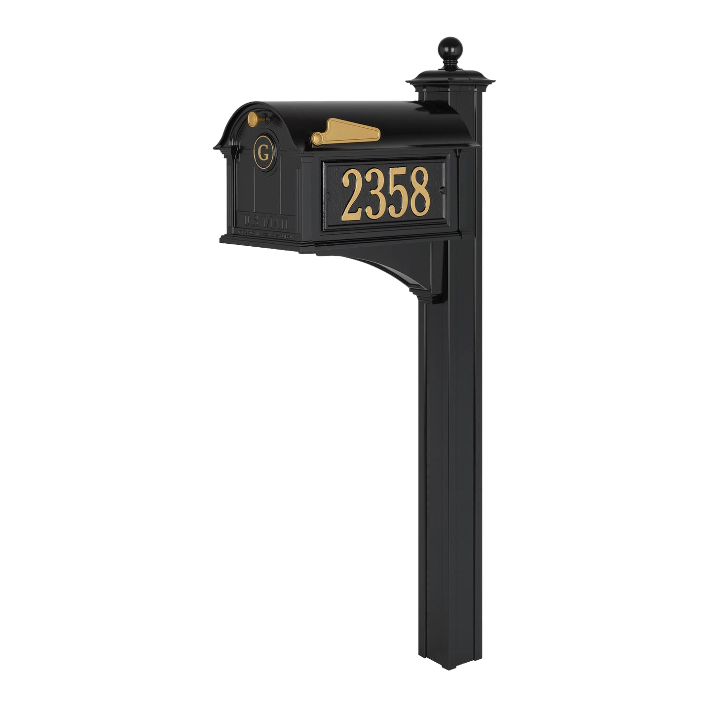 Black and gold personalized mailbox with monogram and house number on post, handcrafted in USA, designed to elevate curb appeal in Home & Decor and Mailboxes collections.