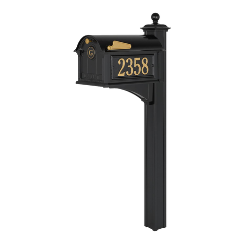 Black and gold personalized mailbox with monogram and house number on post, handcrafted in USA, designed to elevate curb appeal in Home & Decor and Mailboxes collections.